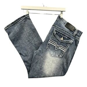 True Luck Men's‎ Blue Denim Jeans Size 38x30 Boot Straight Leg Embellish Pockets